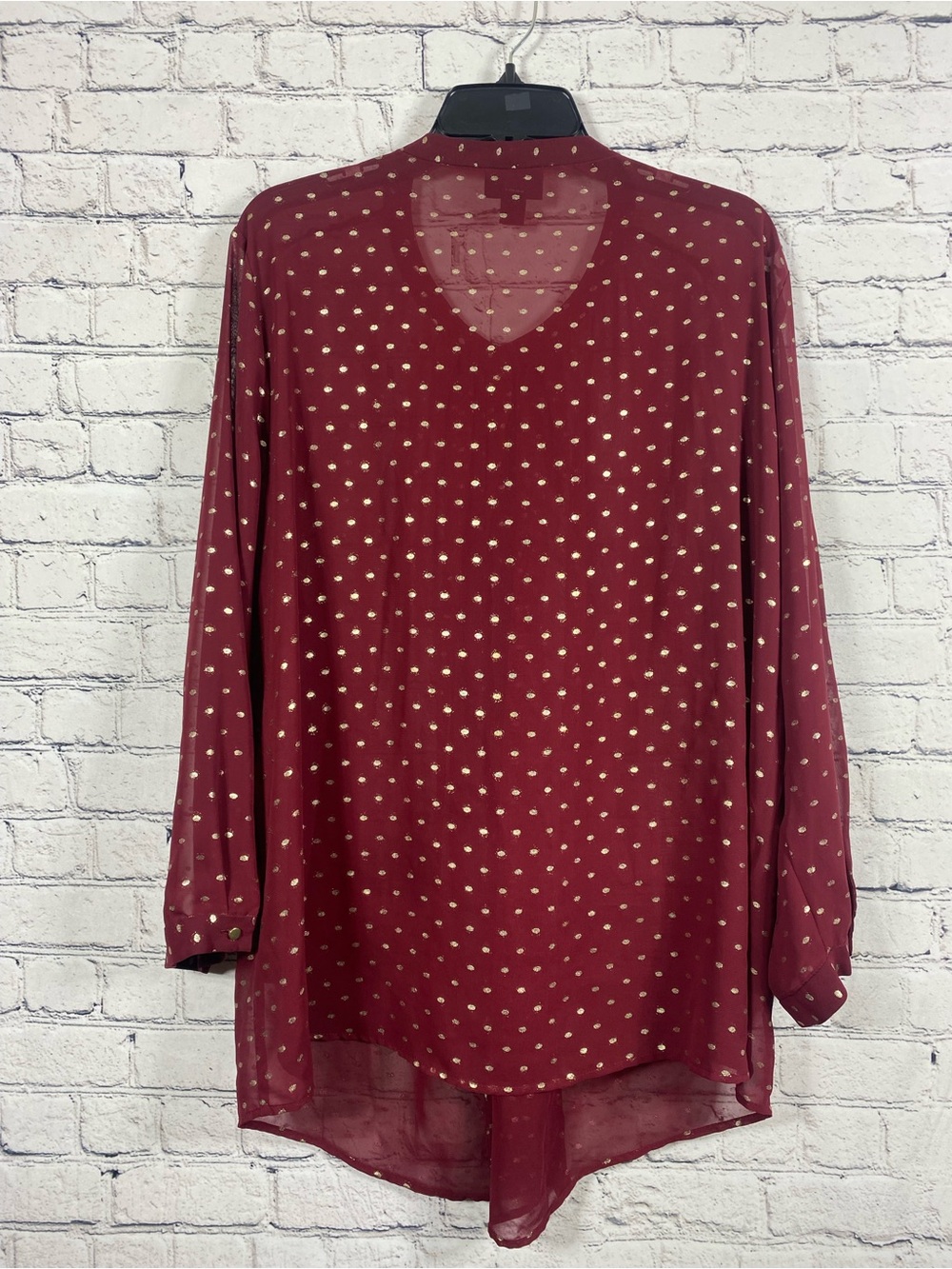 Liz Claiborne Career Woman 2X Burgundy Gold Polka Dot Sheer Blouse Plus Size - Picture 7 of 8